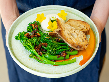 Eine Person hält einen Teller mit Broccolini, gerösteten Brotscheiben, einem Klecks cremiger Brotaufstrich, essbaren gelben Blüten und einer leuchtend orangefarbenen Soße in der Hand.