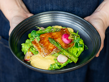 Eine Person hält eine schwarze Schüssel mit glasiertem Tofu, Spargel, Radieschen und Grünzeug auf einem Bett aus gelber Soße. Der Hintergrund ist eine dunkelblaue Schürze.