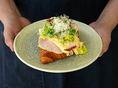 Eine Person hält einen Teller mit einem Croissant, das mit Schinken, Salat, Radieschenscheiben, geriebenem Käse und Grünzeug belegt ist, vor einem dunklen Hintergrund.