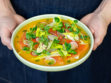 Eine Person hält eine Schüssel mit Ceviche aus Meeresfrüchten, die mit frischem Grün, geschnittenen Radieschen und Kräutern in einem gelben Zitrusdressing angerichtet sind.